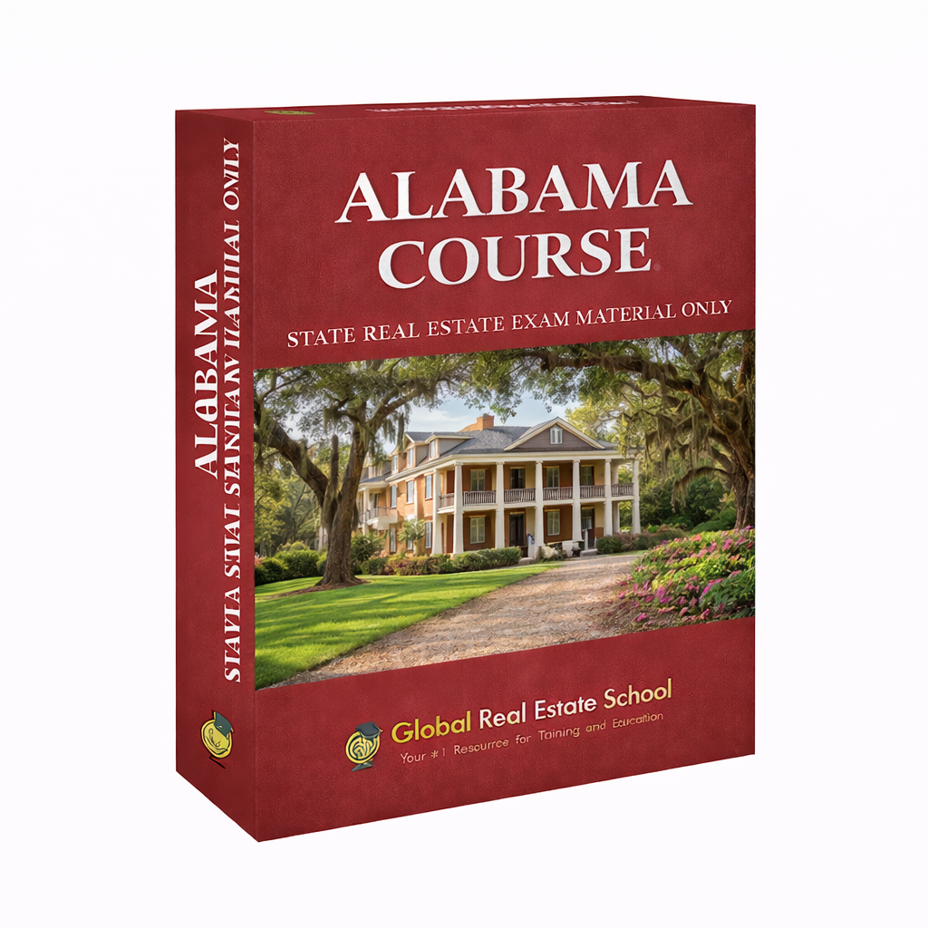 Red book titled 'Alabama Course' for state real estate exam, featuring a house and trees on the cover.