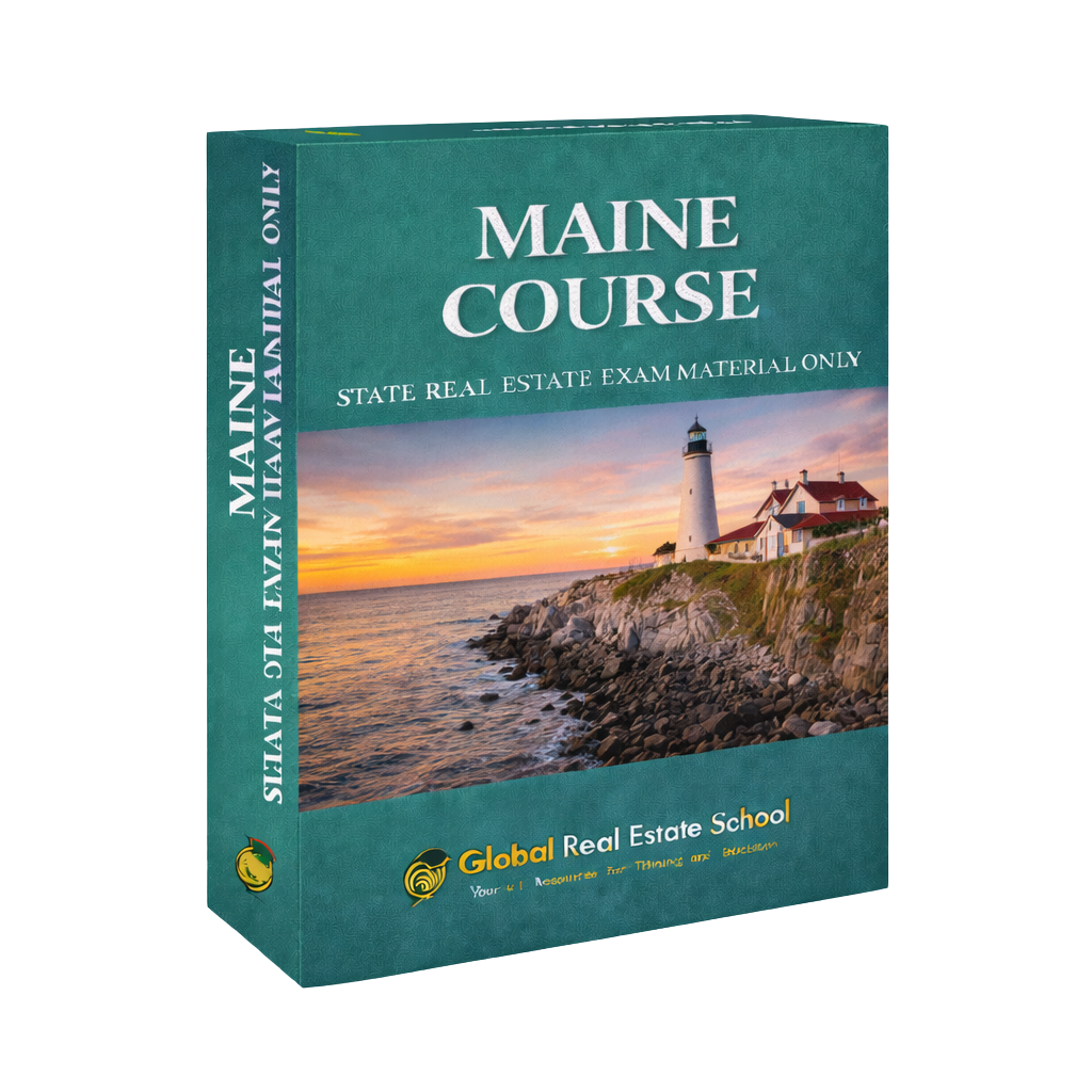 Book titled 'Maine Course' by Global Real Estate School with a lighthouse on the cover