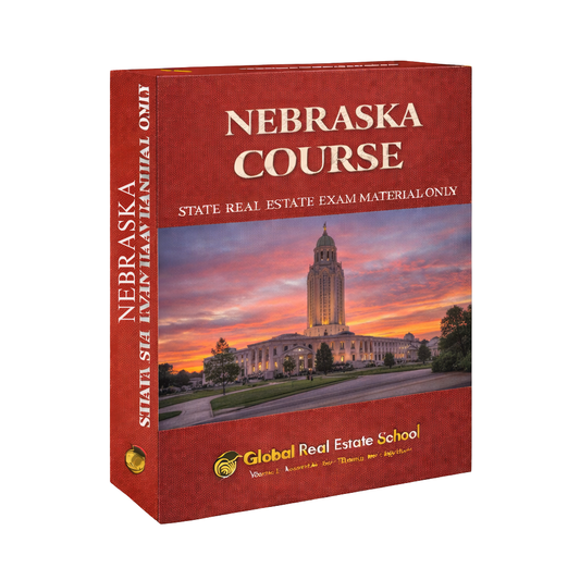 Red book titled 'Nebraska Course' with a sunset image of a building on the cover, featuring 'Global Real Estate School' branding.