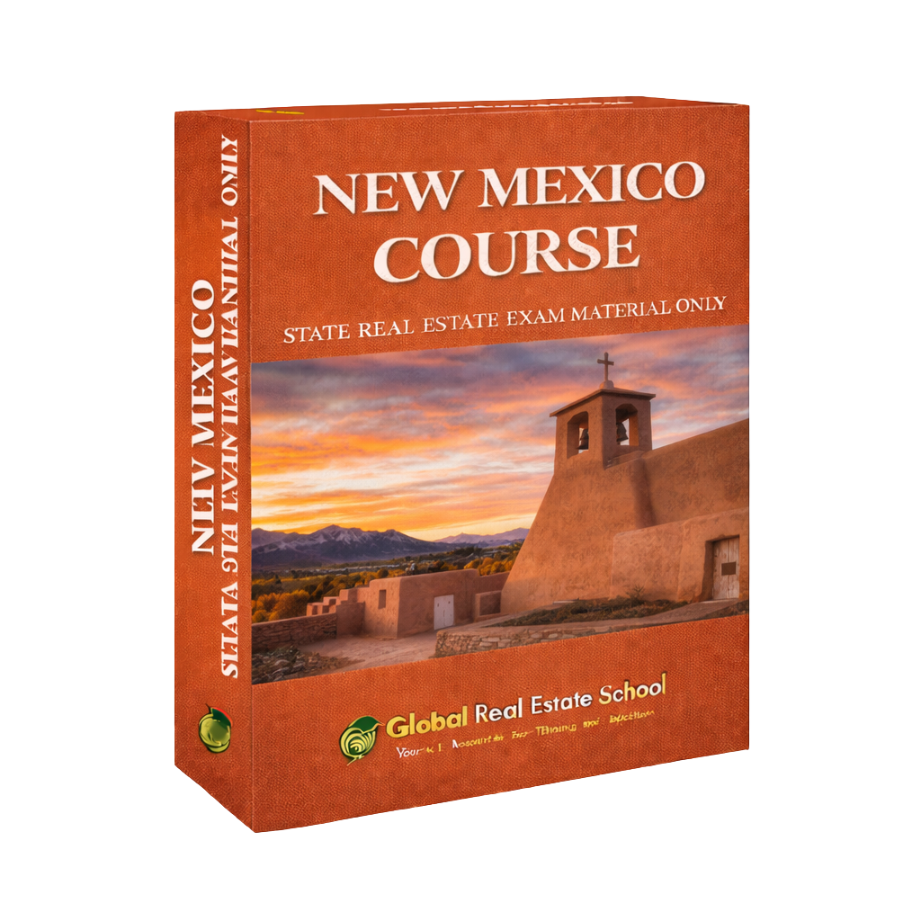 Book titled 'New Mexico Course' for state real estate exam, featuring a scenic cover with a church.