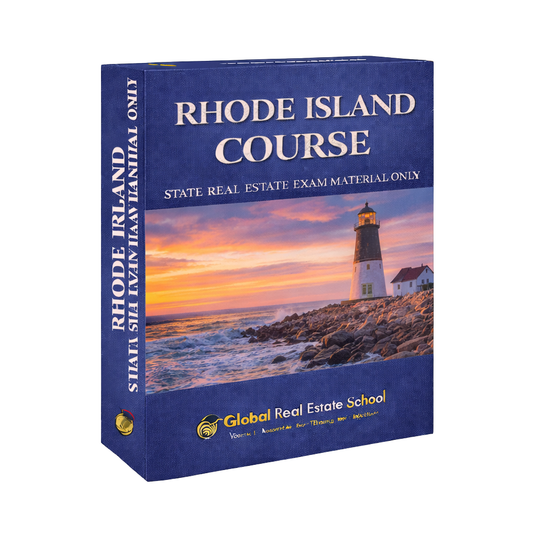 Book titled 'Rhode Island Course' by Global Real Estate School with a lighthouse on the cover.