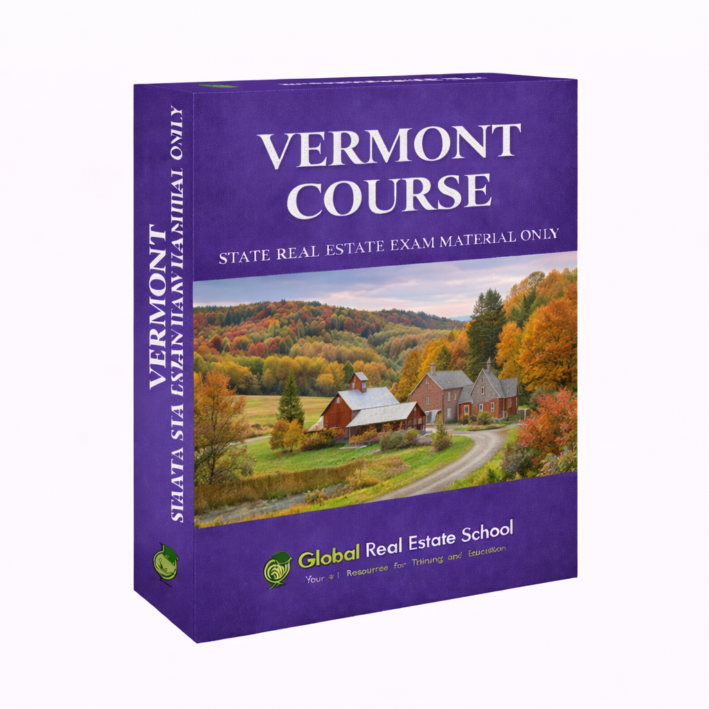 Purple book titled 'Vermont Course' by Global Real Estate School with a scenic cover