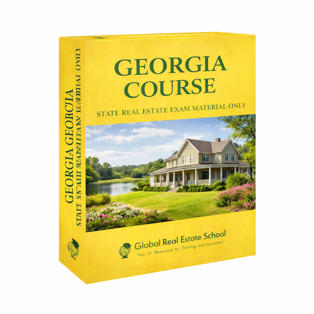 Yellow book titled 'Georgia Course' for state real estate exam, featuring a house and landscape on the cover.